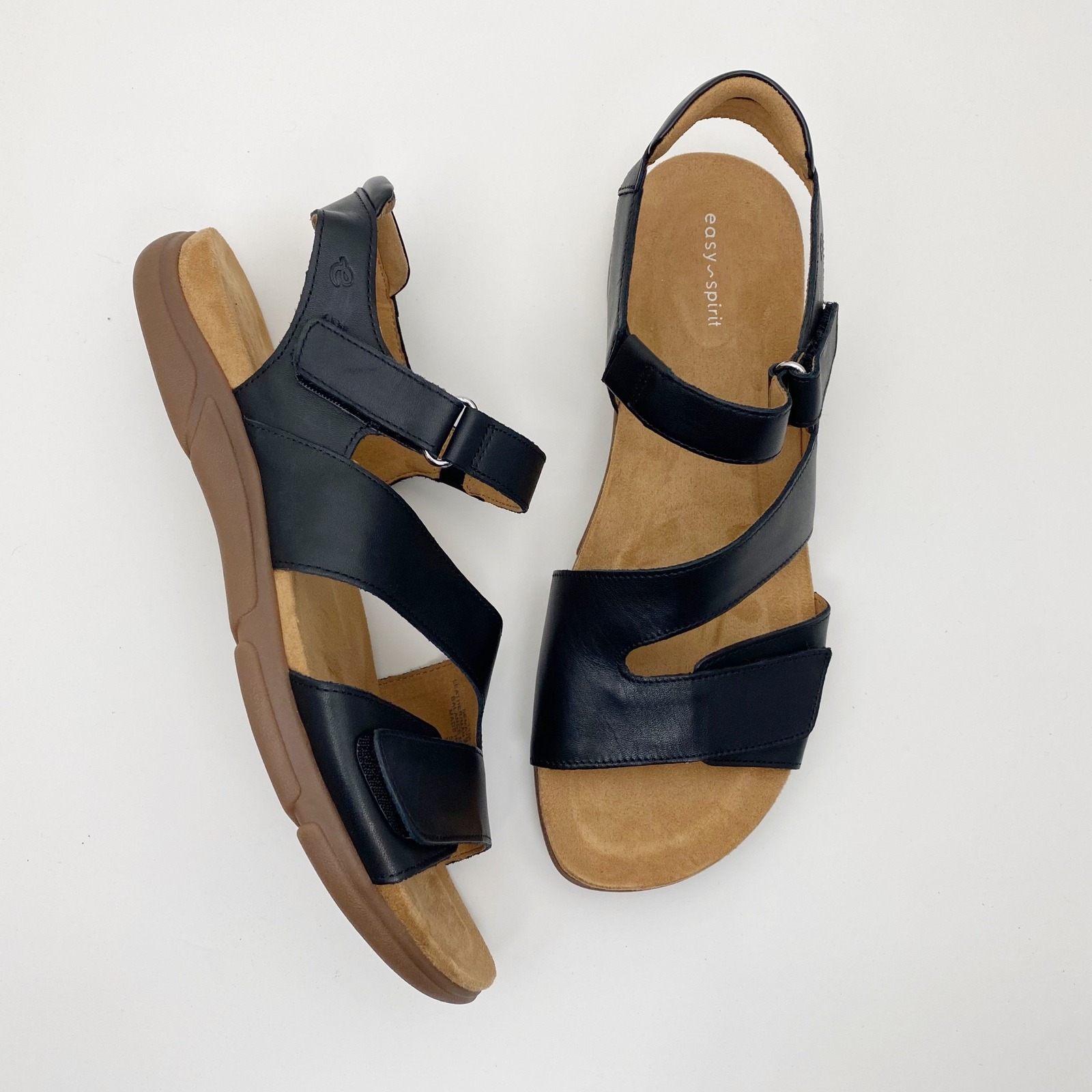 Easy Spirit Mavey Adjustable Leather Strappy Flat Sandals Womens 11m Black